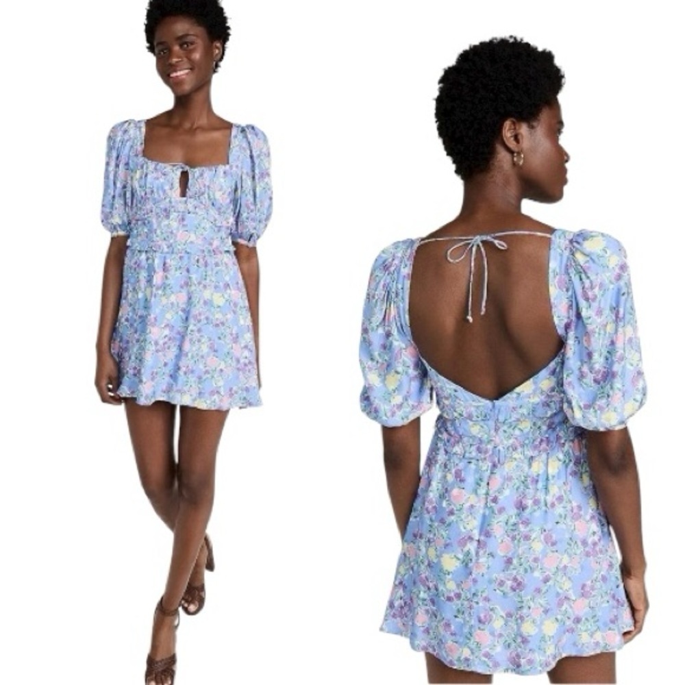 For Love & Lemons Charlene Puff Sleeve Floral Mini Dress Blue Size Small